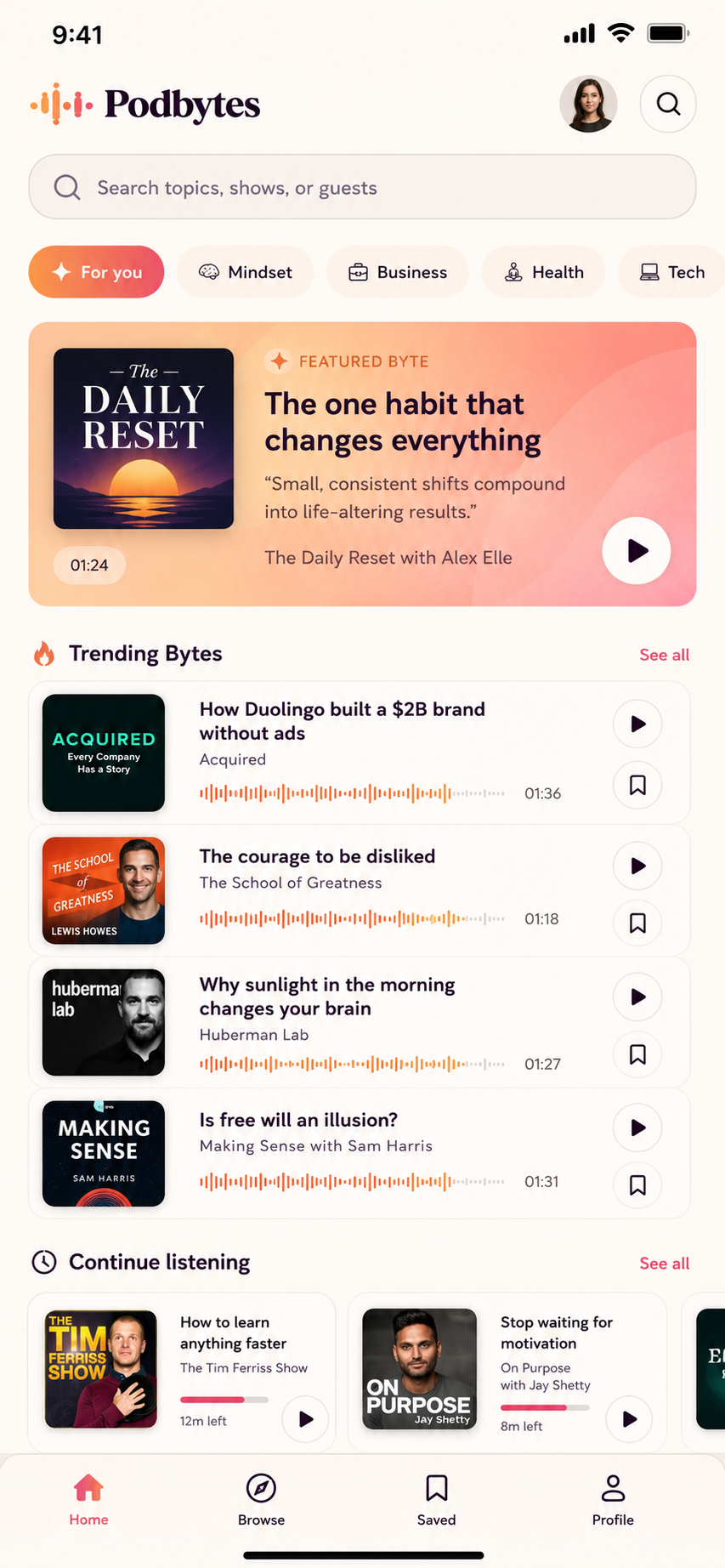 Podbytes app showing a featured podcast Byte and upcoming clips